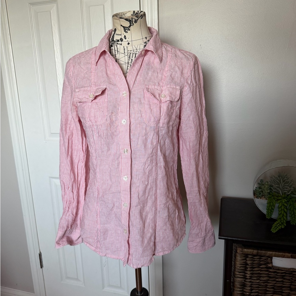 Banana Republic Linen Cotton Tailored Red/White Striped Shirt Sz 10 fit blouse
